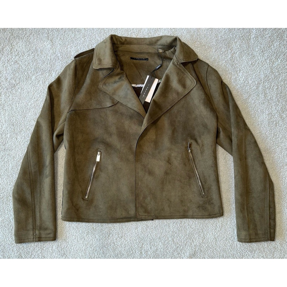 NWT Tahari Moss Green Faux Suede Moto Biker Jacket Womens Large